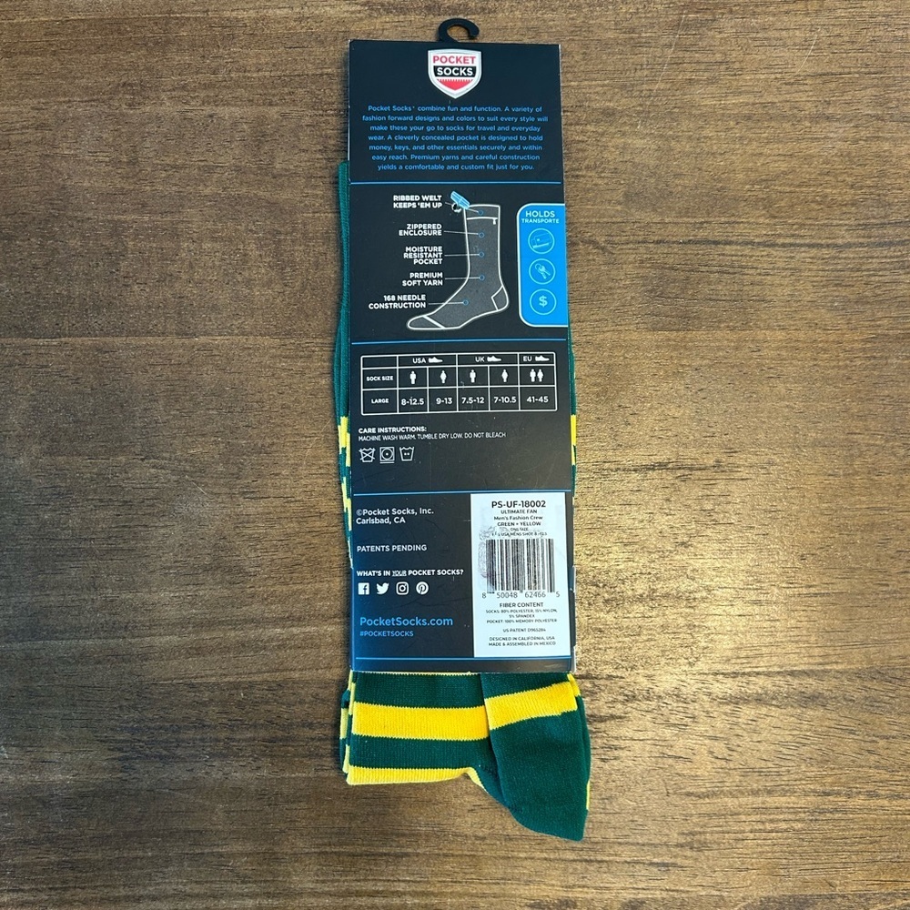 Pocket Socks Men's Green and Yellow Striped Packer Crew Socks NWT - Picture 3 of 3